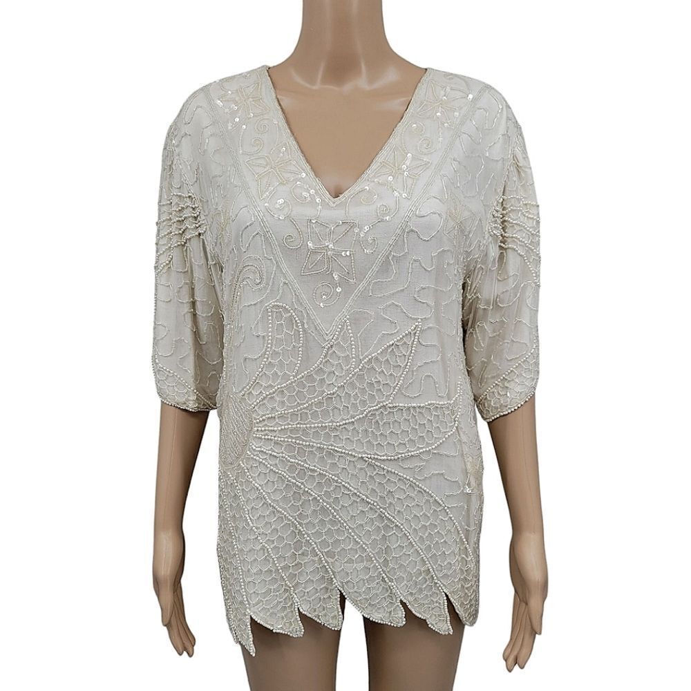 Mark and John Vintage Elegant Off White Silk Beaded Women's Top Blouse 80s
